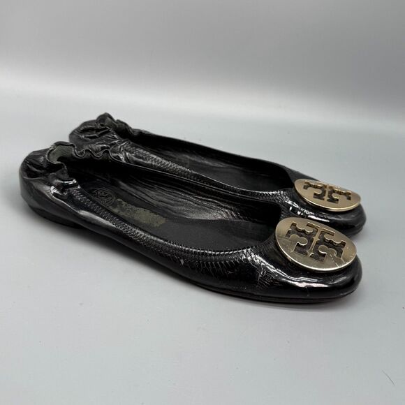 Tory Burch Reva Women's 6.5 Black Leather Ballet Flats Slip-On Round Toe Comfort - Picture 1 of 9